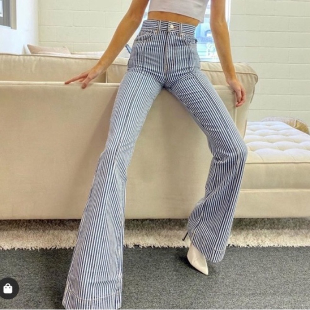 REVICE Blue & White Striped High-Waist Flare Jeans